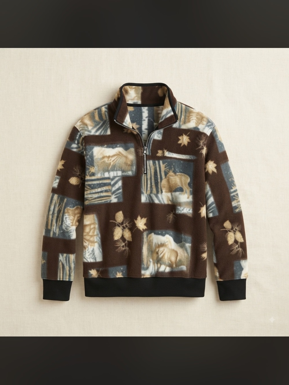 Fleece Nature Scene Quarter Zip Fleece Pullover Wildlife Cabincore Sweater
